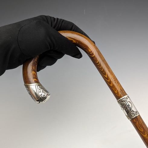 1922年 英国アンティーク 紳士用ステッキ 茶軸 純銀浮彫装飾 曲がりハンドル 90cm