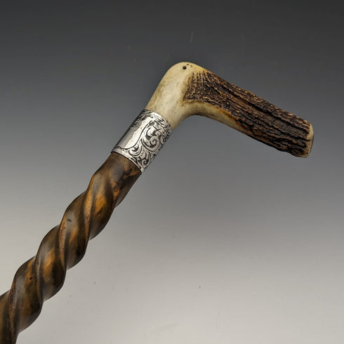 1895年左右 英國古董 紳士用手杖 鹿角拐杖把手 扭轉軸 85cm