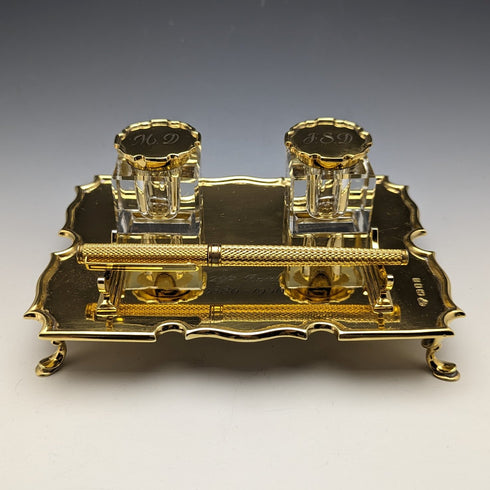 1935年 英國復古 純銀鍍金 筆座&墨水瓶組合 Goldsmiths & Silversmiths