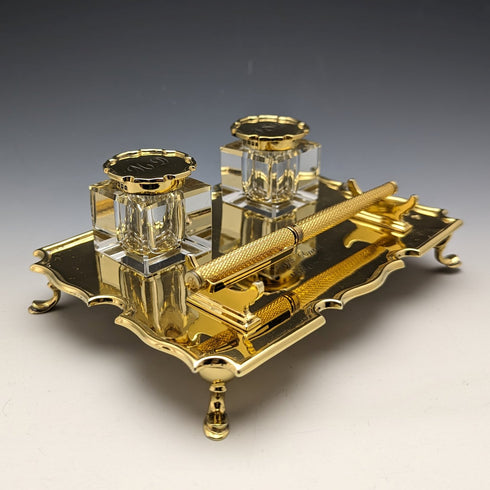 1935年 英國復古 純銀鍍金 筆座&墨水瓶組合 Goldsmiths & Silversmiths