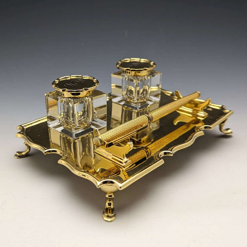 1935年 英國復古 純銀鍍金 筆座&墨水瓶組合 Goldsmiths & Silversmiths