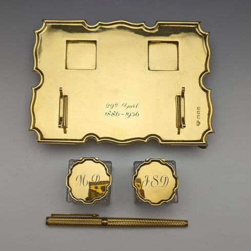 1935年 英國復古 純銀鍍金 筆座&墨水瓶組合 Goldsmiths & Silversmiths