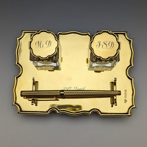 1935年 英國復古 純銀鍍金 筆座&墨水瓶組合 Goldsmiths & Silversmiths