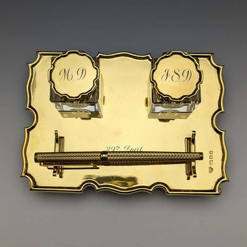 1935年 英國復古 純銀鍍金 筆座&墨水瓶組合 Goldsmiths & Silversmiths