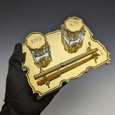 1935年 英國復古 純銀鍍金 筆座&墨水瓶組合 Goldsmiths & Silversmiths