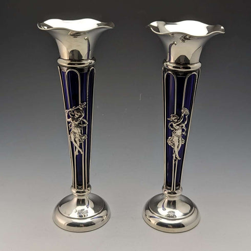 1905年 英國古董 純銀製 花瓶對 一輪插瓶 鈷藍玻璃內膽 Williams Ltd