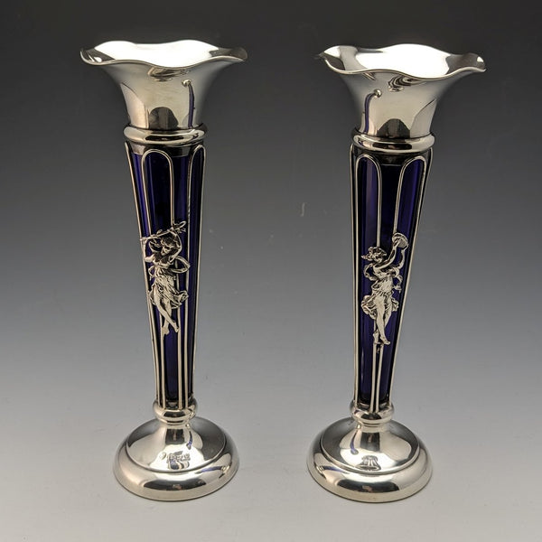 1905年 英国アンティーク 純銀製 花瓶ペア 一輪挿し コバルトガラスインナー Williams Ltd