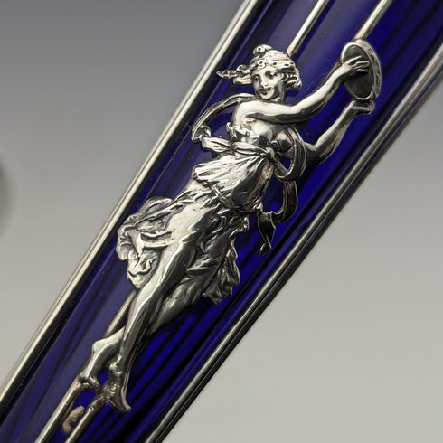 1905年 英国アンティーク 純銀製 花瓶ペア 一輪挿し コバルトガラスインナー Williams Ltd