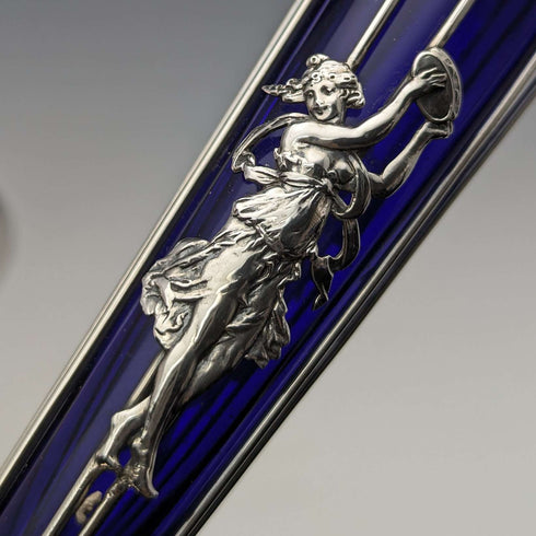 1905年 英國古董 純銀製 花瓶對 一輪插瓶 鈷藍玻璃內膽 Williams Ltd
