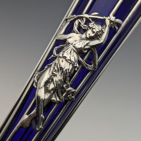 1905年 英国アンティーク 純銀製 花瓶ペア 一輪挿し コバルトガラスインナー Williams Ltd