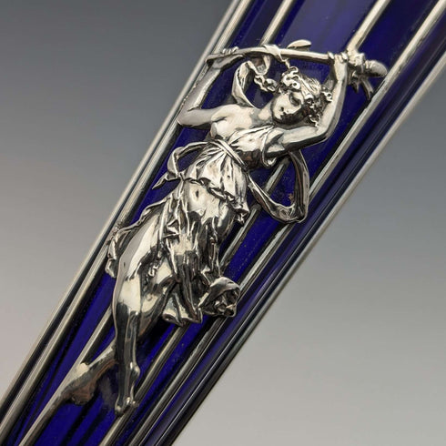 1905年 英國古董 純銀製 花瓶對 一輪插瓶 鈷藍玻璃內膽 Williams Ltd