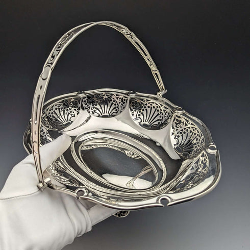 1907 British Antique Sterling Silver Basket Earrings Movable Handle 347g Walker&Hall