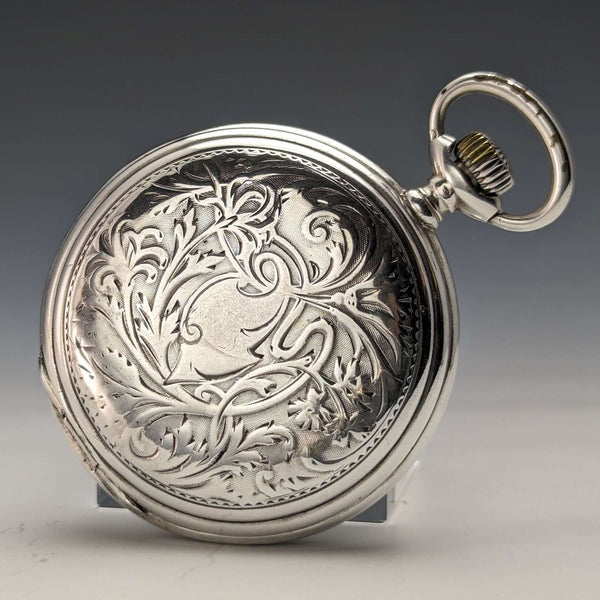 1910 年左右古董浪琴表懷錶新藝術風格雕刻獵人錶殼銀色側面效果很好