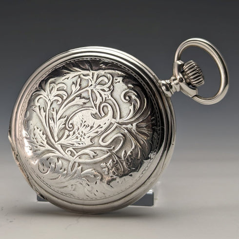 1910 年左右古董浪琴表懷錶新藝術風格雕刻獵人錶殼銀色側面效果很好