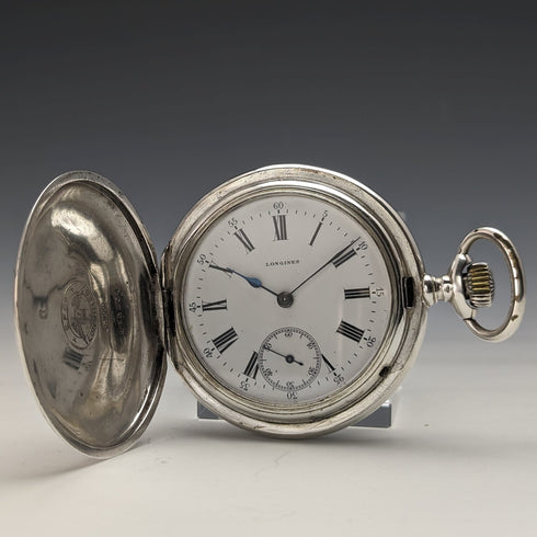 1910 年左右古董浪琴表懷錶新藝術風格雕刻獵人錶殼銀色側面效果很好