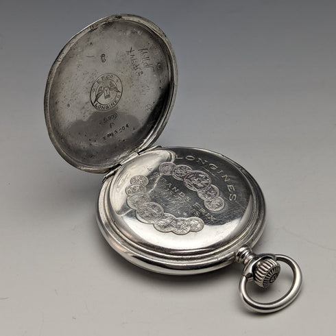 1910 年左右古董浪琴表懷錶新藝術風格雕刻獵人錶殼銀色側面效果很好