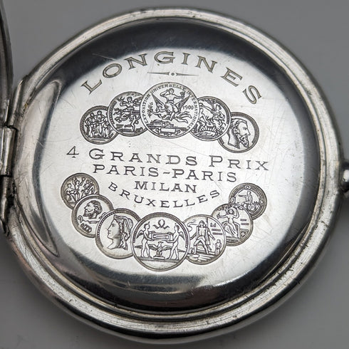 1910 年左右古董浪琴表懷錶新藝術風格雕刻獵人錶殼銀色側面效果很好