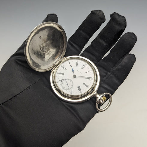 1910 年左右古董浪琴表懷錶新藝術風格雕刻獵人錶殼銀色側面效果很好