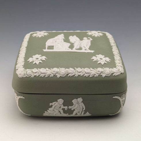 British Vintage Wedgwood Jasperware Square Box Accessory Case Green