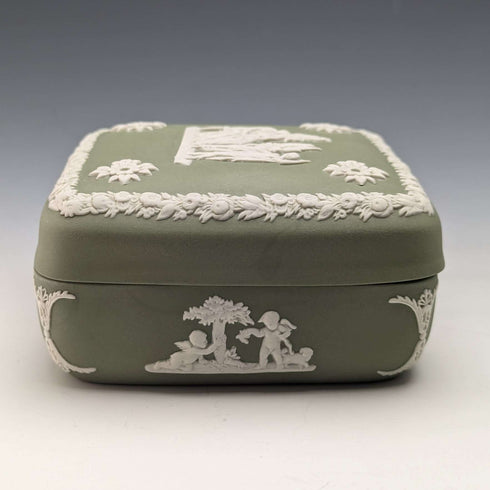 British Vintage Wedgwood Jasperware Square Box Accessory Case Green