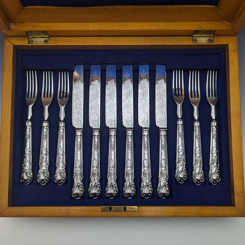 1838年 英国アンティーク 純銀製ハンドル カトラリー6ペアセット 箱入り Charles Needham