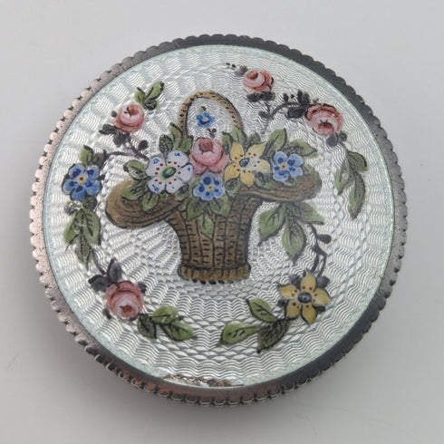 約 1920 年法國古董 800 銀胭脂盒,帶花籃扭索飾琺瑯裝飾