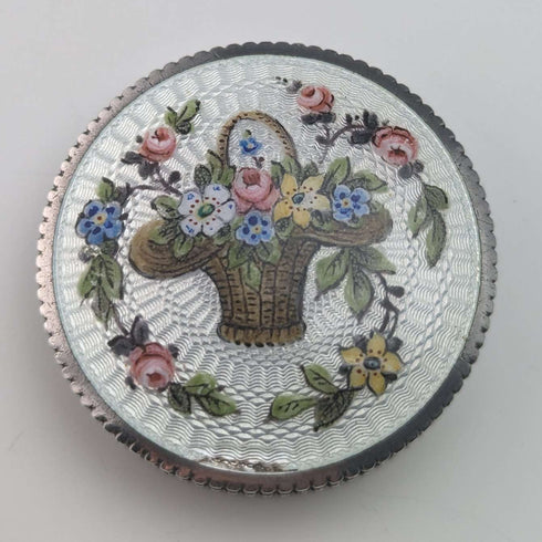 circa 1920 French antique 800 silver rouge box with flower basket guilloche enamel decoration