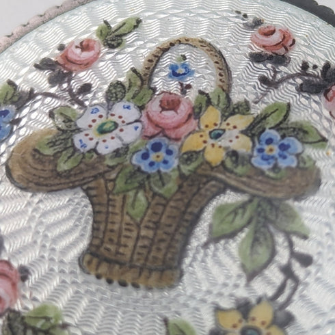 約 1920 年法國古董 800 銀胭脂盒,帶花籃扭索飾琺瑯裝飾