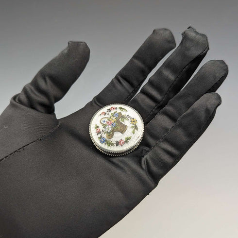 circa 1920 French antique 800 silver rouge box with flower basket guilloche enamel decoration