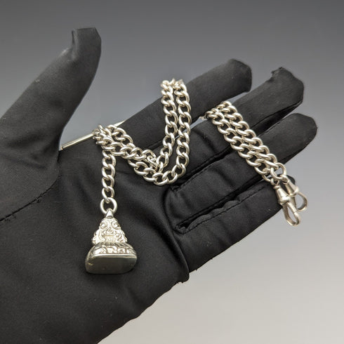 1914年頃 英国アンティーク 純銀製ダブルアルバートチェーン 56g 純銀シールフォブ