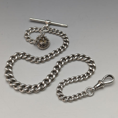 1902年頃 英国アンティーク 純銀製アルバートチェーン 39g ブラックオニキスシールフォブ