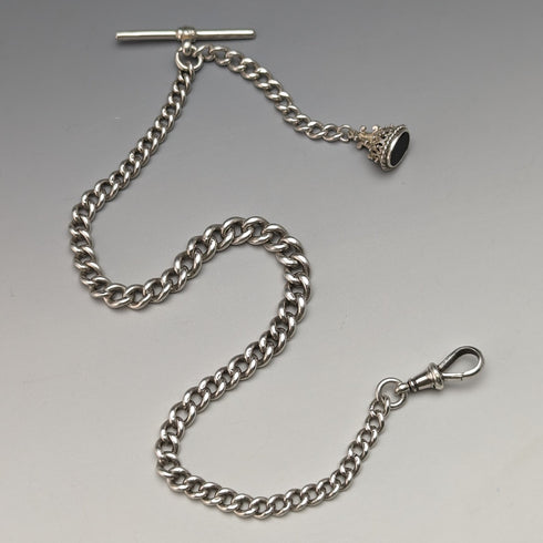 1902年頃 英国アンティーク 純銀製アルバートチェーン 39g ブラックオニキスシールフォブ