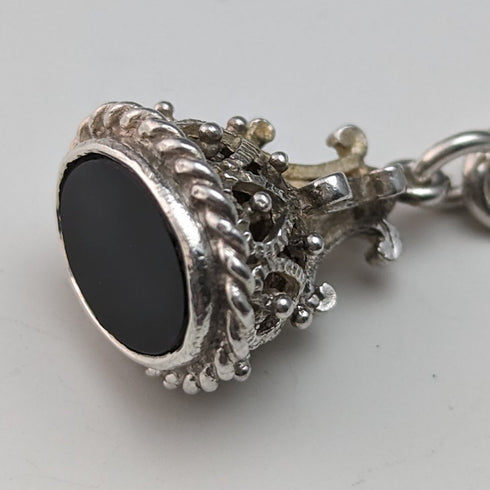 1902年頃 英国アンティーク 純銀製アルバートチェーン 39g ブラックオニキスシールフォブ