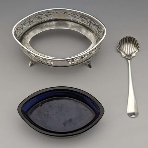 1906 British Antique Pure Silver & Bluegrass Salt Dish & Spoon Josiah Williams