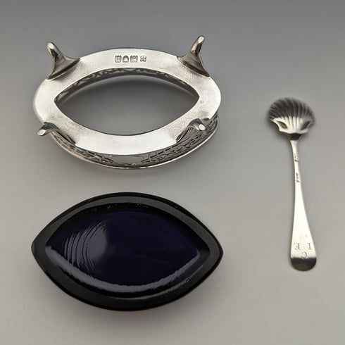 1906年 英国アンティーク 純銀&ブルーグラス ソルトディッシュ&スプーン Josiah Williams