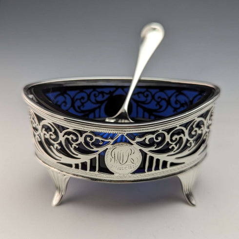 1906 British Antique Pure Silver & Bluegrass Salt Dish & Spoon Josiah Williams