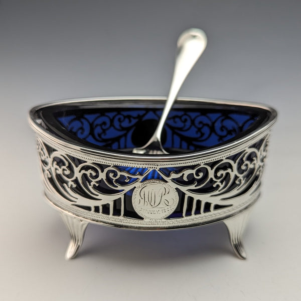 1906 年英國古董純銀和藍草鹽盤和勺子 Josiah Williams