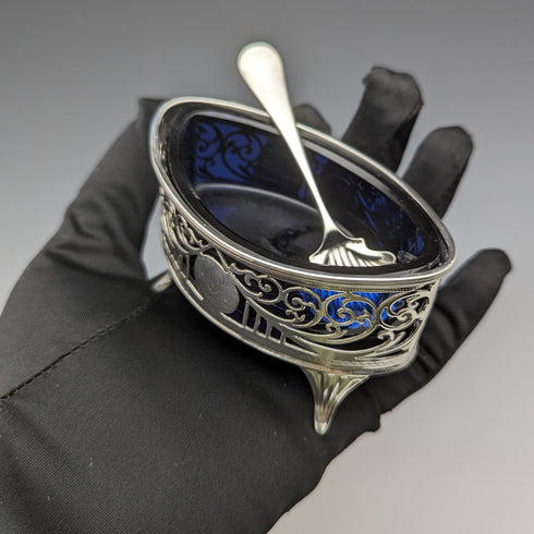 1906年 英国アンティーク 純銀&ブルーグラス ソルトディッシュ&スプーン Josiah Williams