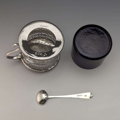 1910 British Antique Pure Silver & Bluegrass Mustard Pot & Spoon Vander & Hedges