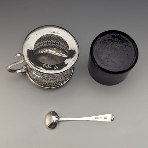 1910 年英國古董純銀和藍草芥末鍋和勺子 Vander & Hedges