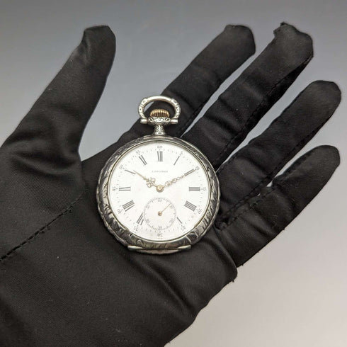 约1911年古董浪琴怀表,浮雕工艺,银质开面表壳,运行良好