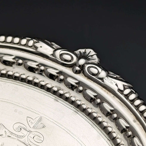 1895 British Antique Sterling Silver Salva Diameter 22cm 363g CHARLES BOYTON