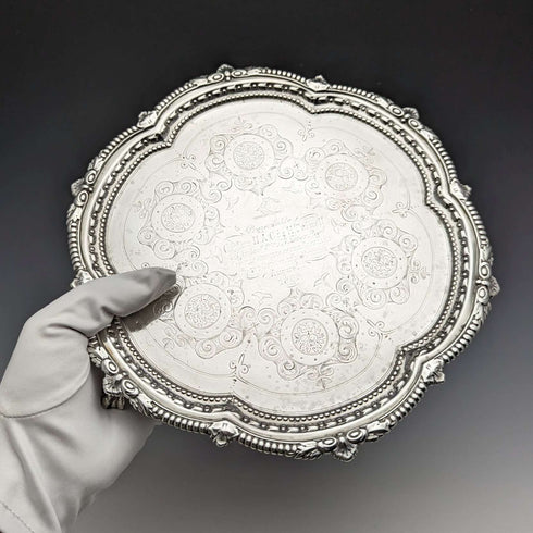 1895 British Antique Sterling Silver Salva Diameter 22cm 363g CHARLES BOYTON