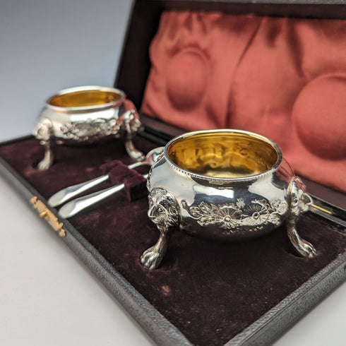 1900年頃 英国アンティーク シルバープレート ソルトディッシュ&スプーン ペア ケース入り