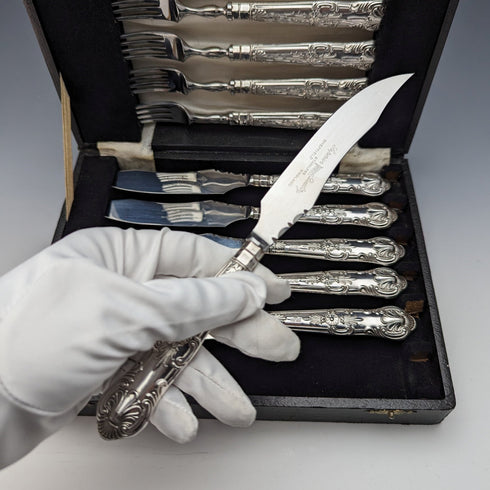 1973年 英国ヴィンテージ 純銀製ハンドル ステーキカトラリー6ペアセット 箱入り Harrison Brothers