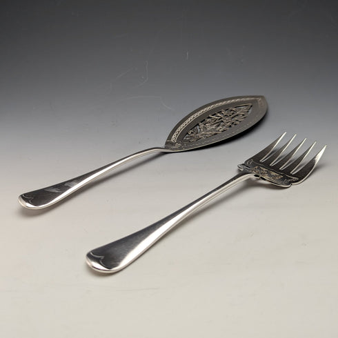 Late 19th century British antique silver plate fish server set LEE & WIGFULL in wooden box