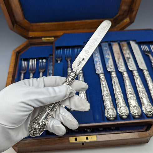 1864年 英国アンティーク 純銀製 デザートカトラリー 12ペアセット 計912g 木箱入り Harrison Brothers & Howson