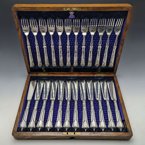 1890 年左右英國古董鍍銀餐具 12 對套裝木盒 William Gallimore