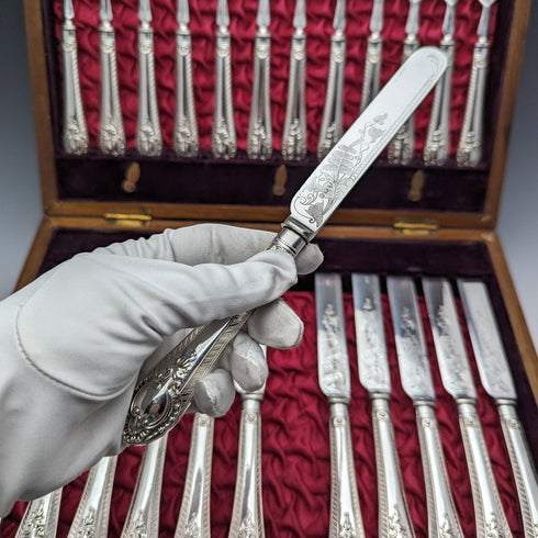 1900年頃 英国アンティーク シルバープレート製 カトラリー 12ペアセット 木箱入り Walker & Hall