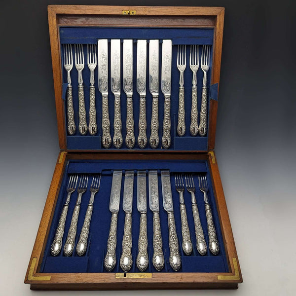 1878年頃 英国アンティーク シルバープレート製カトラリー ナイフ11&フォーク12セット 木箱入り William Gallimore